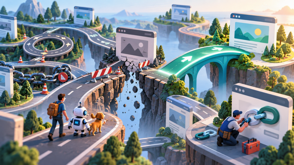 Broken website route repaired with a direct redirect bridge leading visitors and crawlers to a relevant page