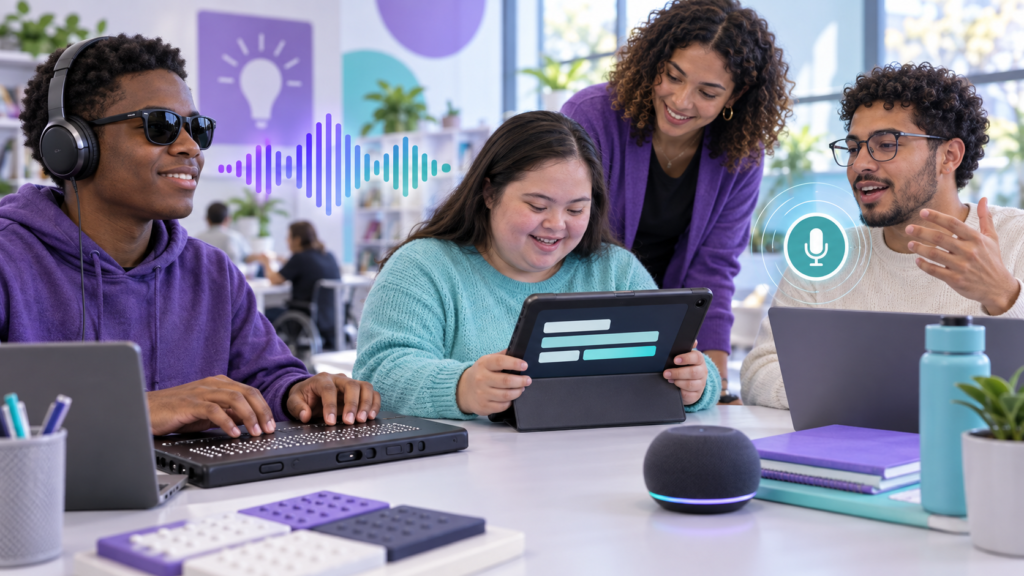 Inclusive group using AI-assisted captions, voice input, audio, and braille technology