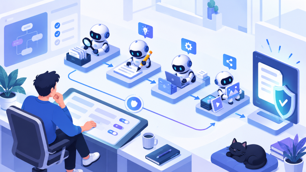 Editorial illustration representing AI agents
