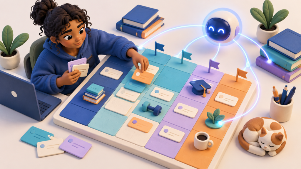 Student organizing assignment cards, deadlines, and study blocks on a weekly planner with generic AI assistance