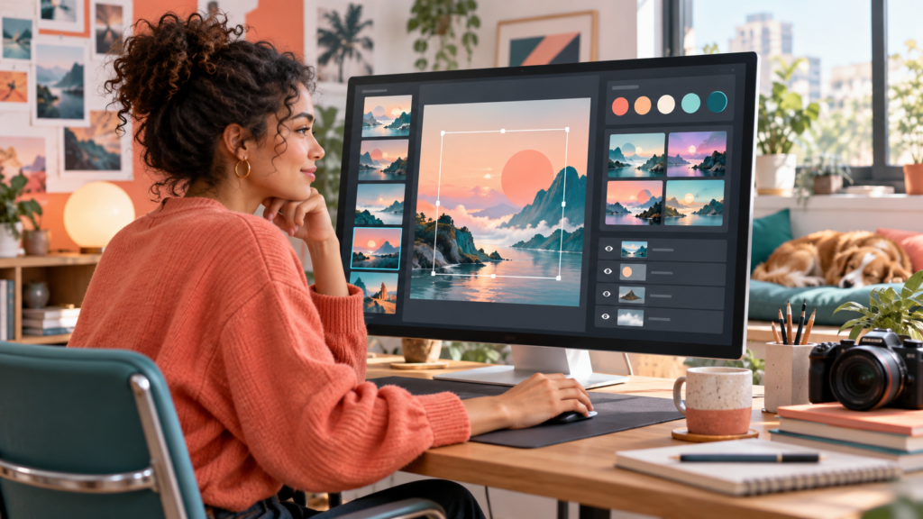 Creator reviewing several AI-assisted image variations on a large editing screen