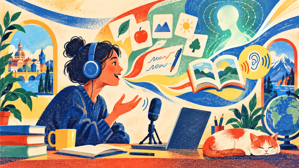 Student using headphones and a microphone for AI-assisted speaking, writing, vocabulary, reading, and listening practice