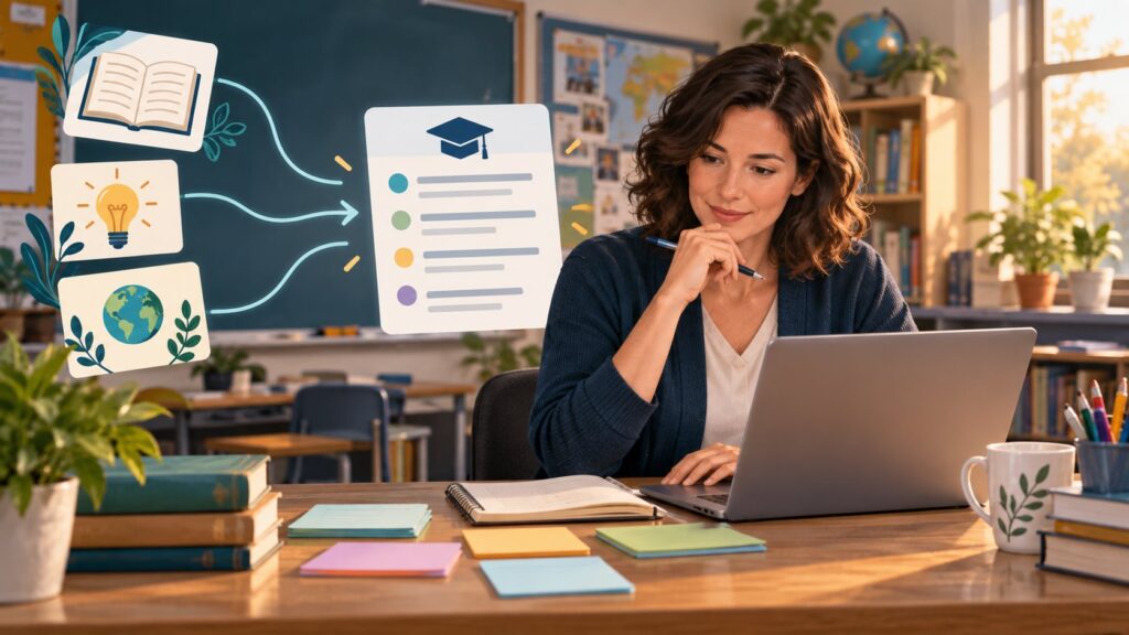 Teacher reviewing and improving an AI-assisted lesson plan in a classroom