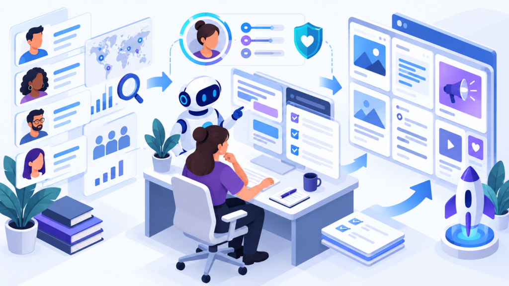 Editorial illustration representing AI-assisted marketing planning