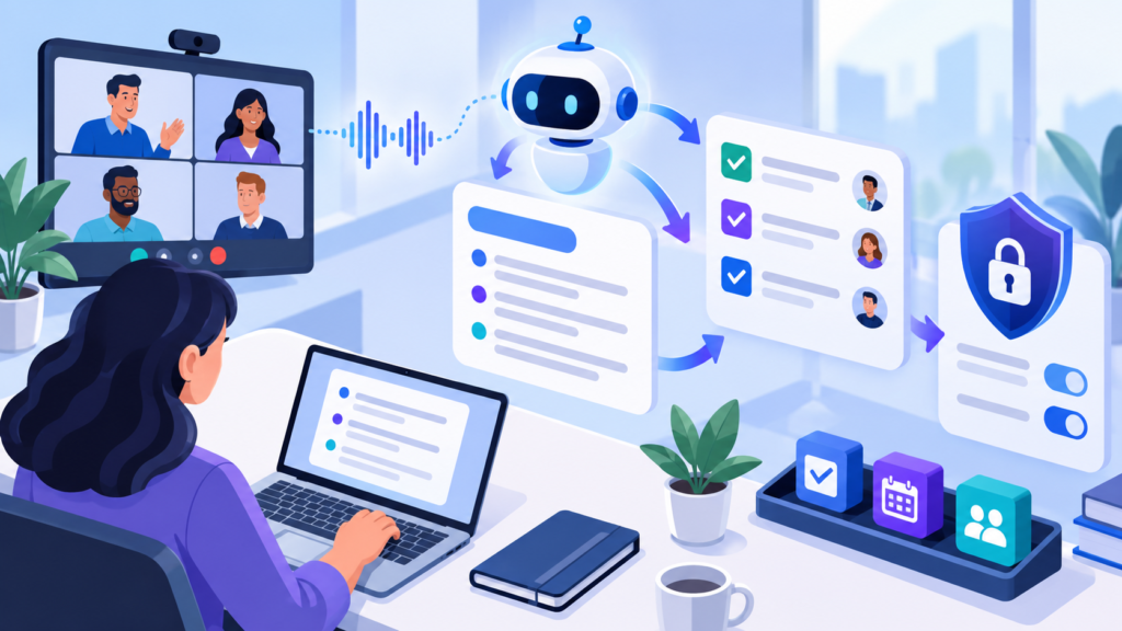 Editorial illustration representing AI meeting assistants