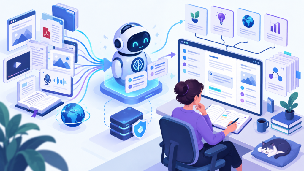 Editorial illustration representing AI-assisted knowledge management