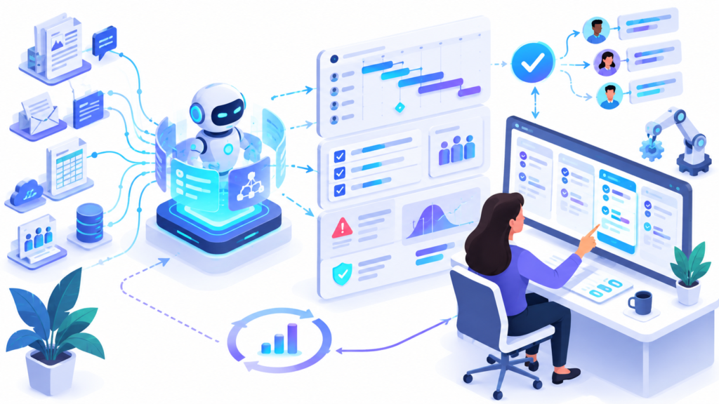 Editorial illustration representing AI-assisted project management
