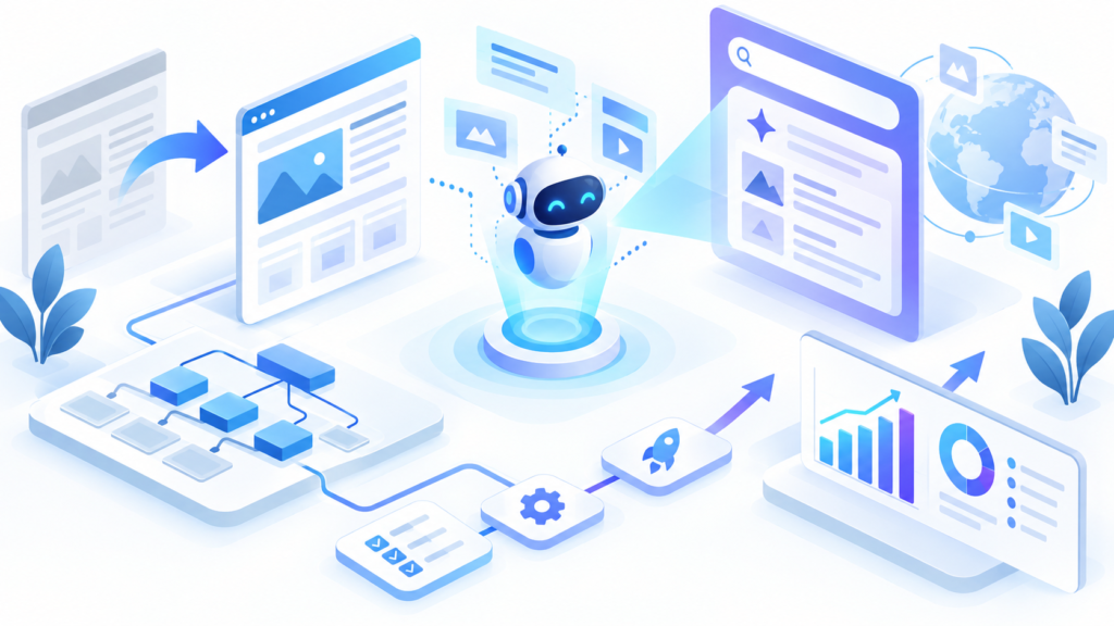 Editorial illustration representing visibility in AI-assisted search