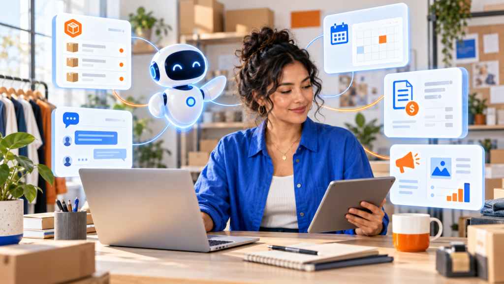 Small-business owner organizing messages, inventory, invoices, marketing, and schedules with AI