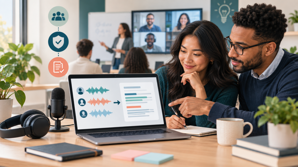 Student and professional reviewing an AI-generated transcript from a lecture and online meeting