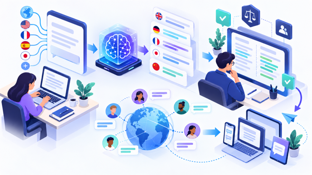 Editorial illustration representing AI translation tools