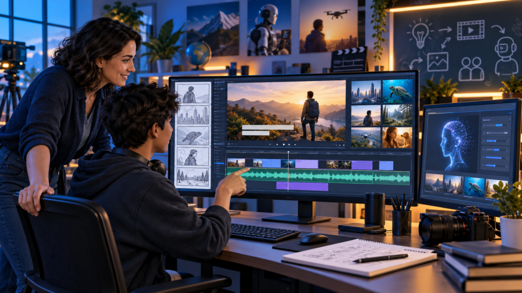 Teacher and creator editing an AI-assisted video with a storyboard and timeline