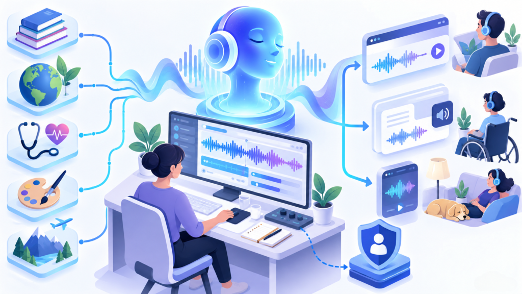 Editorial illustration representing AI-generated voice