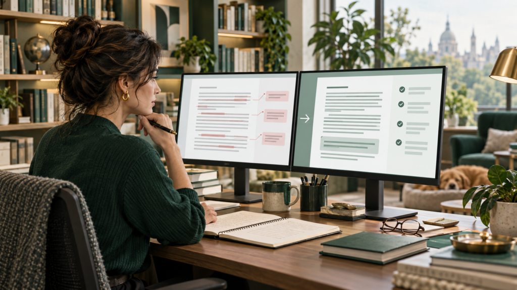 Writer comparing a rough draft with a carefully revised AI-assisted document