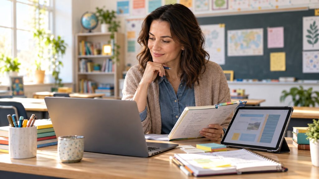 Teacher comparing AI-assisted lesson planning tools on a laptop and tablet in a modern classroom