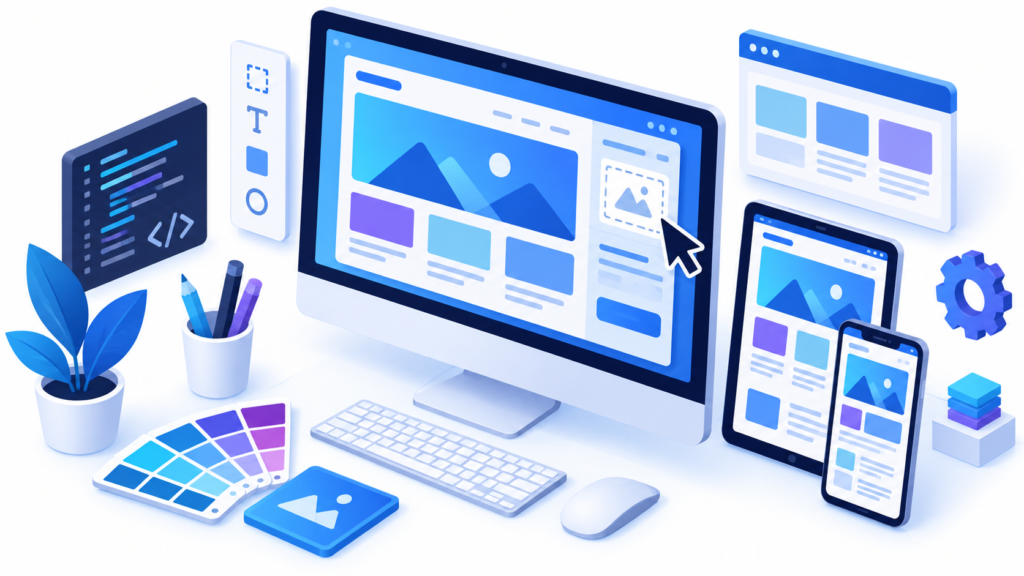 Isometric illustration of a responsive website design workspace