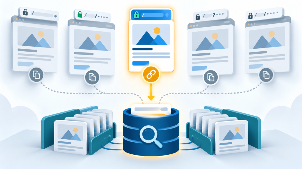 Duplicate webpage versions converging on one preferred canonical URL in a search index