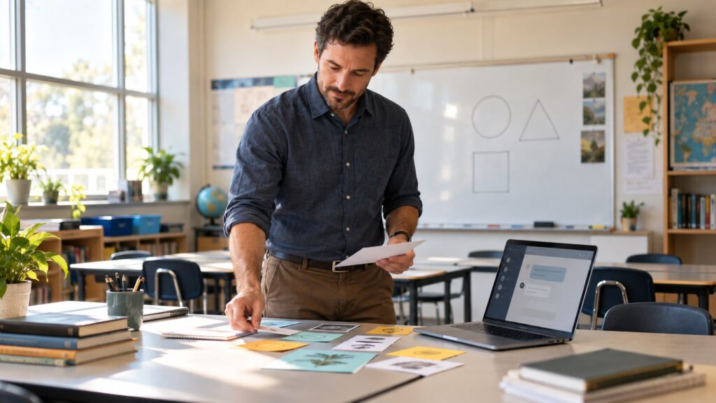 Teacher reviewing AI-assisted classroom planning materials beside a laptop in a modern classroom