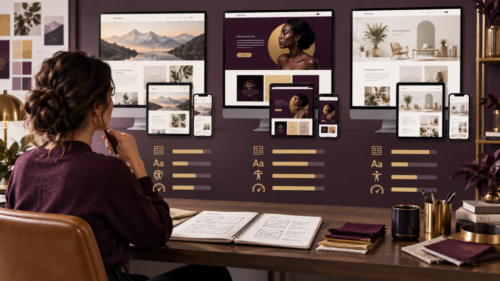 Designer comparing responsive website themes across desktop tablet and mobile