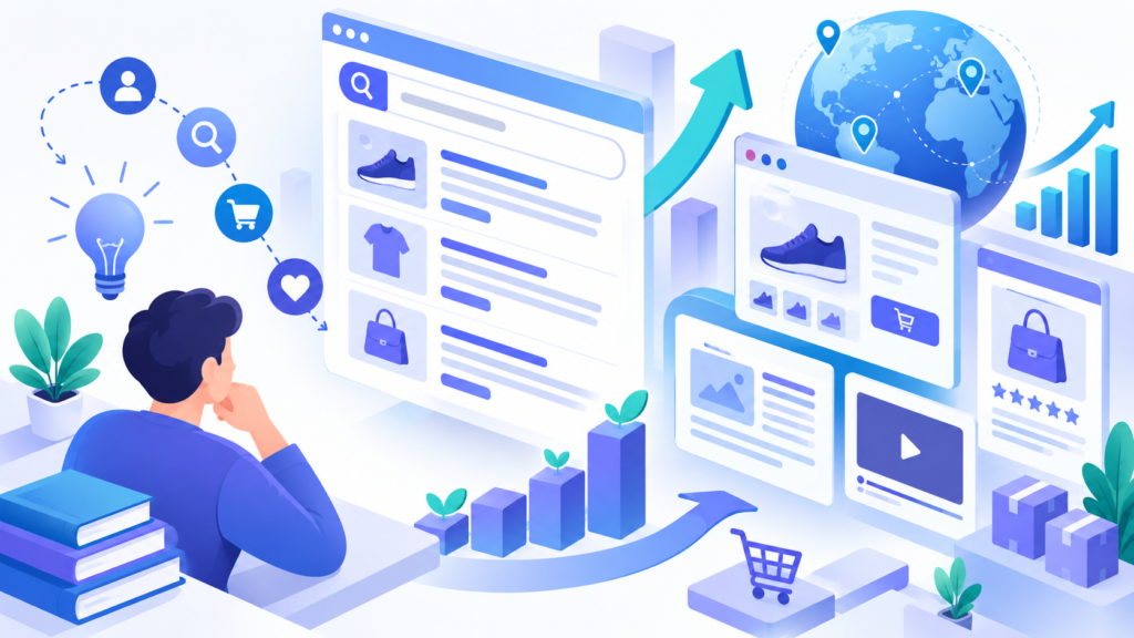 Editorial illustration representing ecommerce SEO