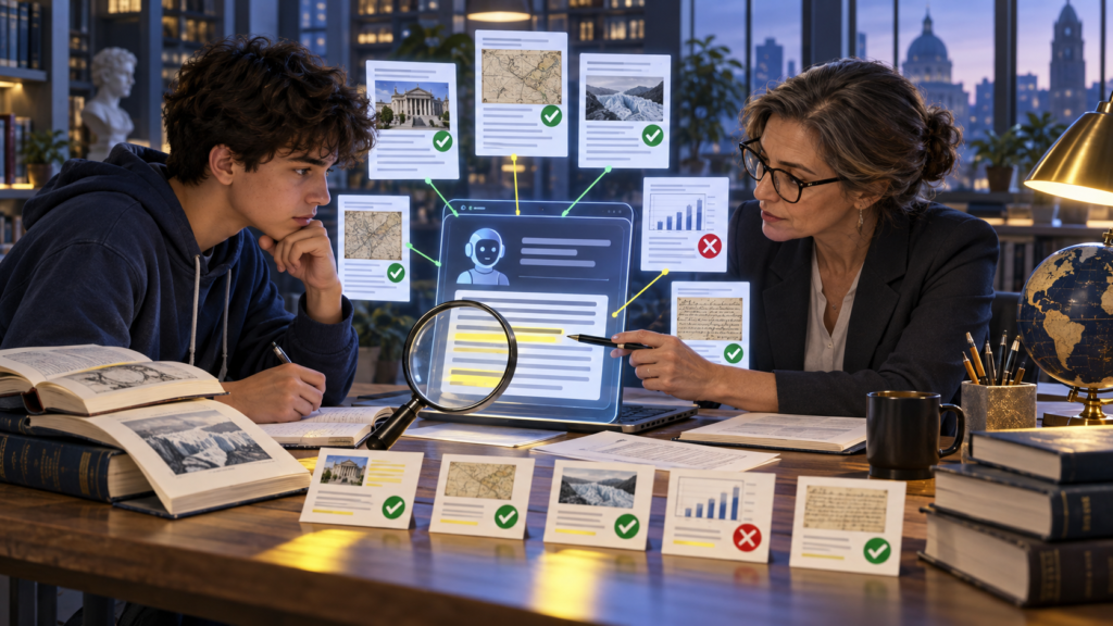 Student and teacher checking an AI answer against several original evidence sources