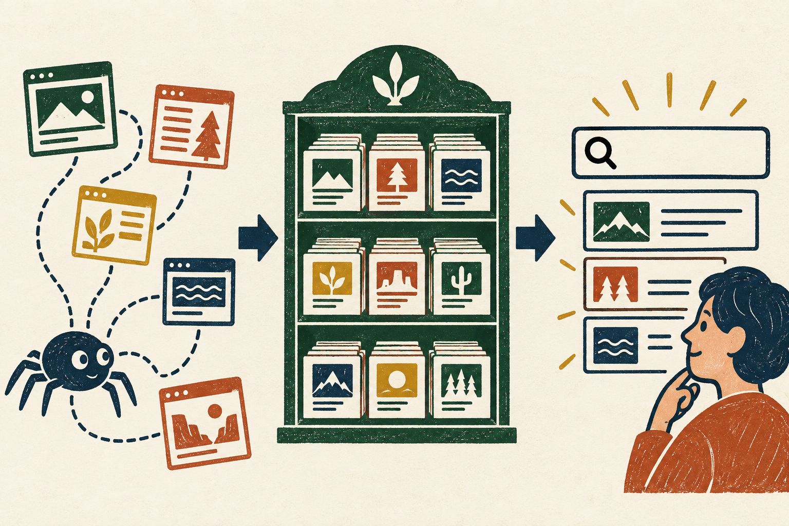 Three-stage illustration of a crawler discovering pages, an index organizing them, and a person receiving relevant search results
