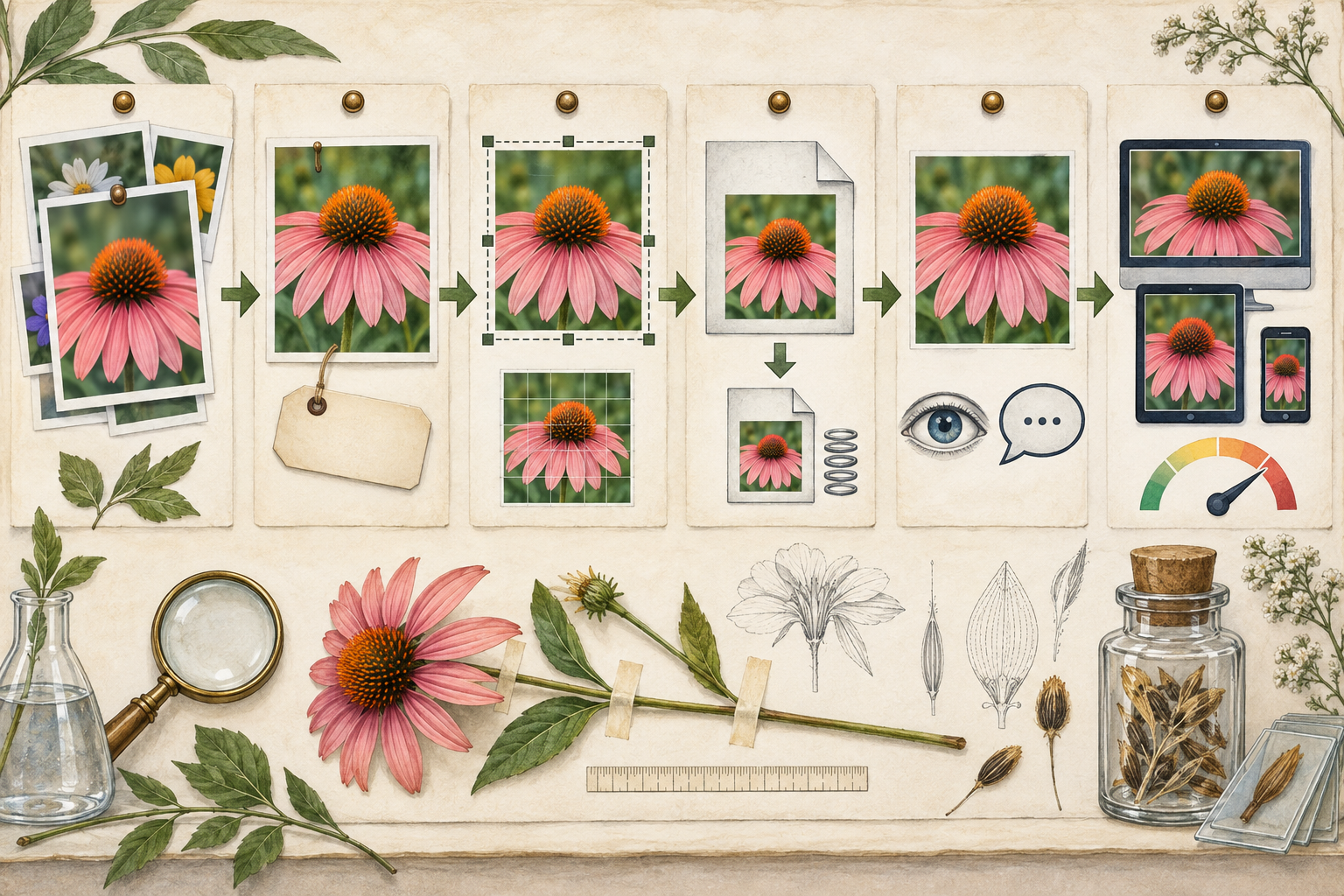Botanical specimen workflow illustrating crop, format, compression, filename, ALT text, responsive delivery, and final testing