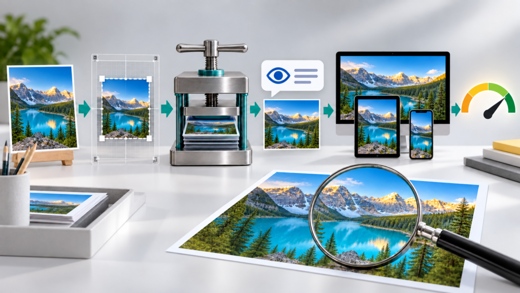 Studio workflow showing image cropping, compression, ALT text, responsive devices, search inspection, and speed optimization
