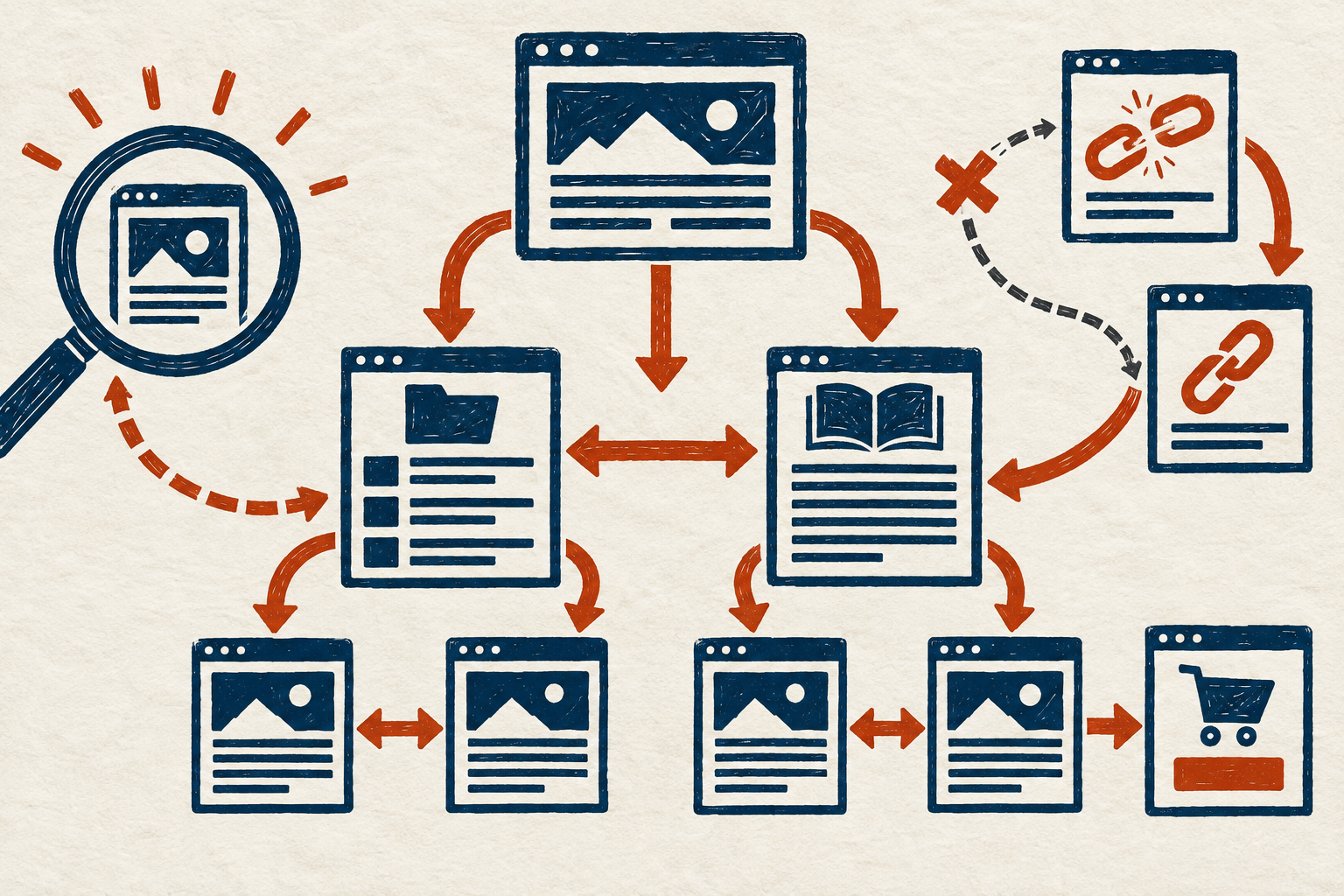 Linocut-style map showing pages, links, an orphan page, a broken path, and a repaired internal-link structure