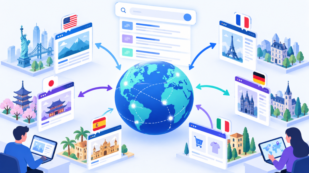 Editorial illustration representing international SEO