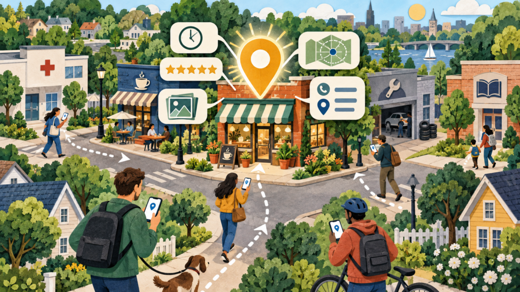 Paper-cut neighborhood map showing customers discovering a local business through search and directions