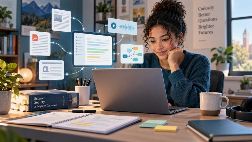 Student using an AI research notebook to study source documents