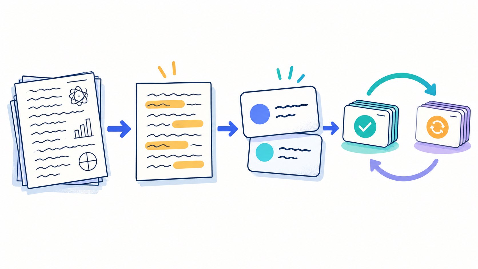Illustration showing class notes becoming highlighted ideas, concise flashcards, and a repeated review cycle