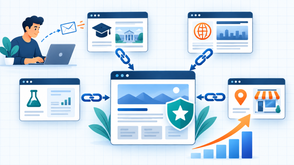 External websites sending backlinks to an authoritative central website while an outreach specialist supports SEO growth