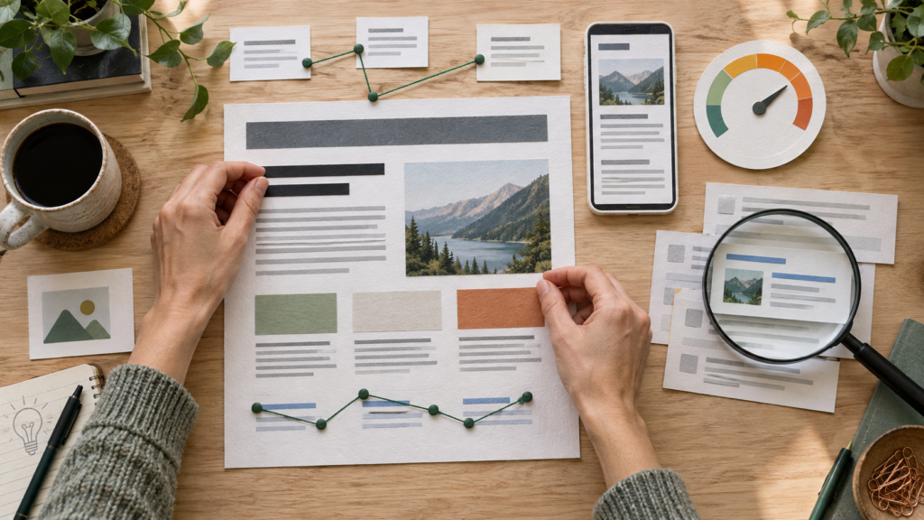 Hands optimizing a webpage layout with headings, content, internal links, images, mobile preview, search visibility, and performance