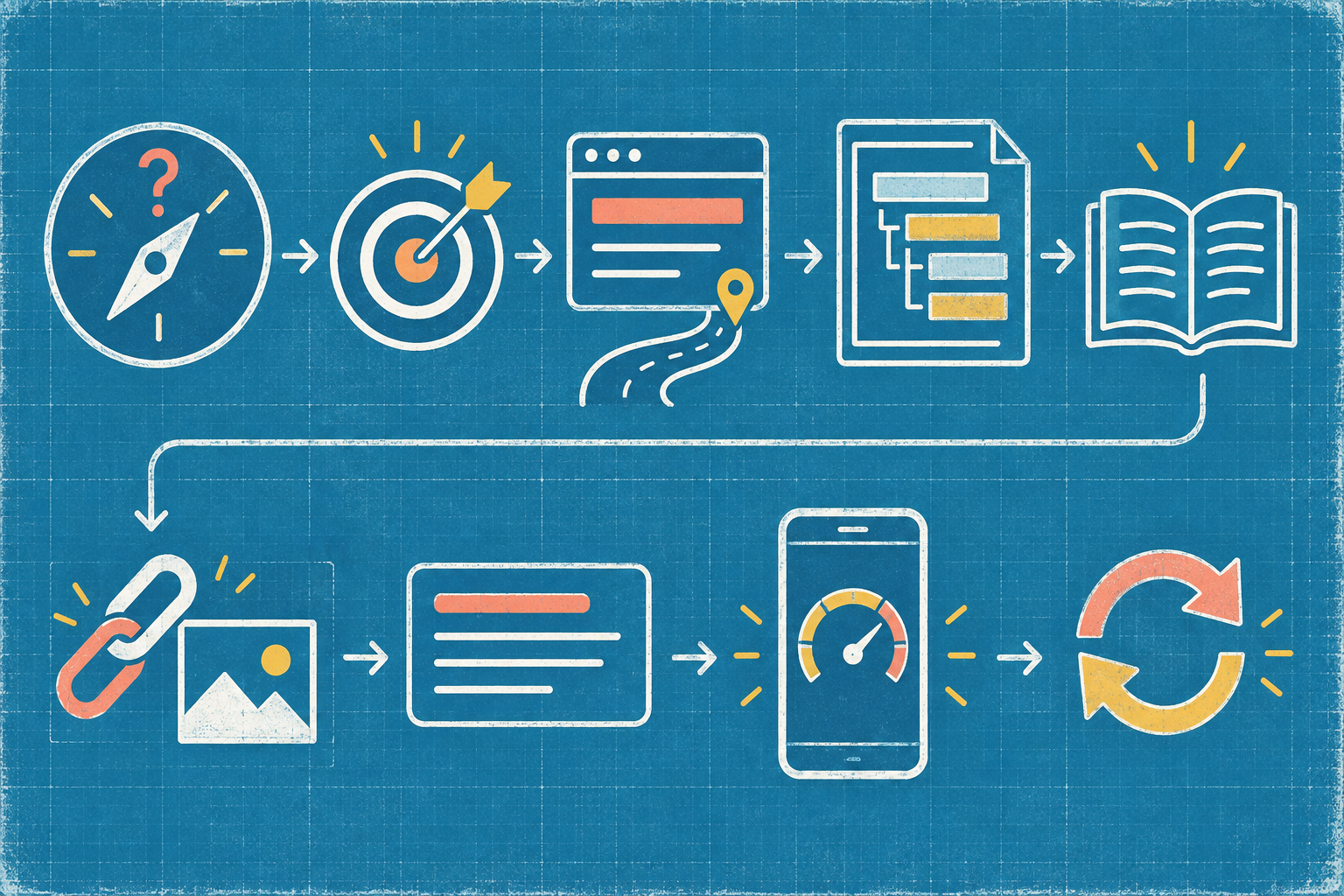 Visual workflow from search intent and topic selection through page structure, content, links, images, mobile performance, and later updates