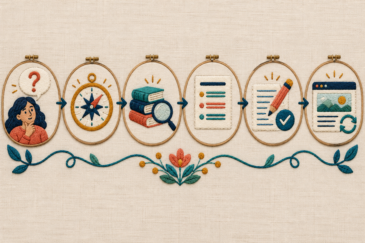 Embroidered workflow showing research, outlining, writing, reviewing, and improving helpful SEO content