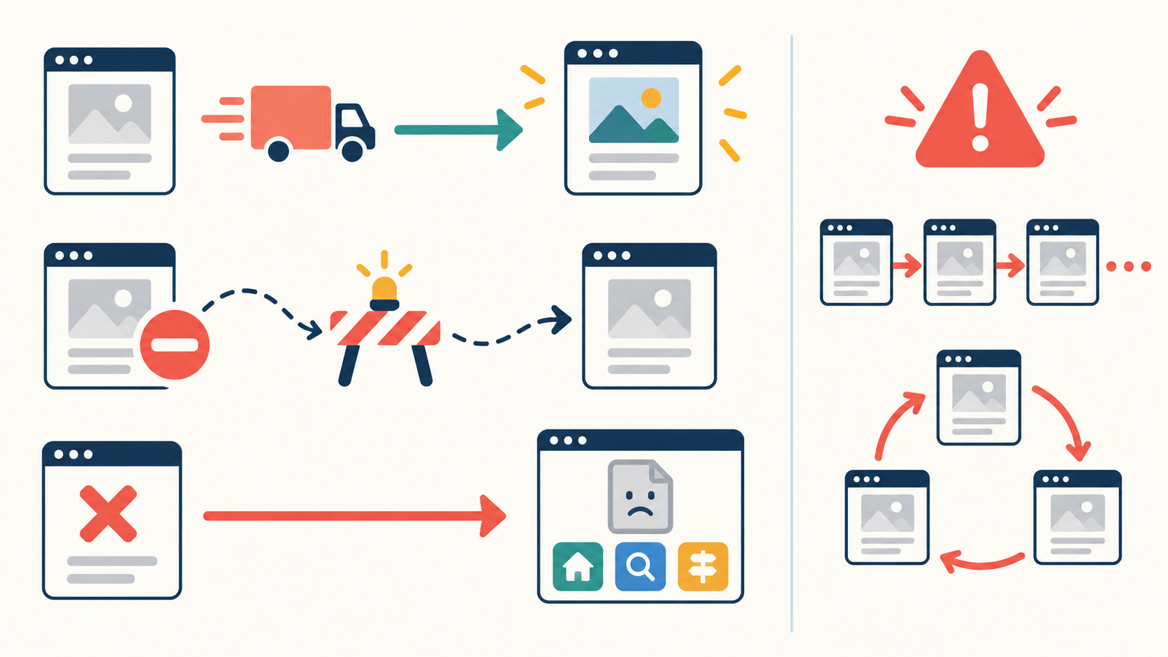 Visual decision paths for permanent moves, temporary detours, deleted pages, redirect chains, and loops