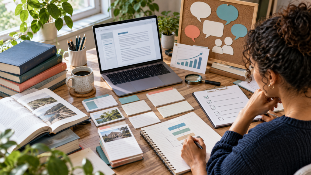 Writer researching sources and organizing a helpful SEO article on a modern desk