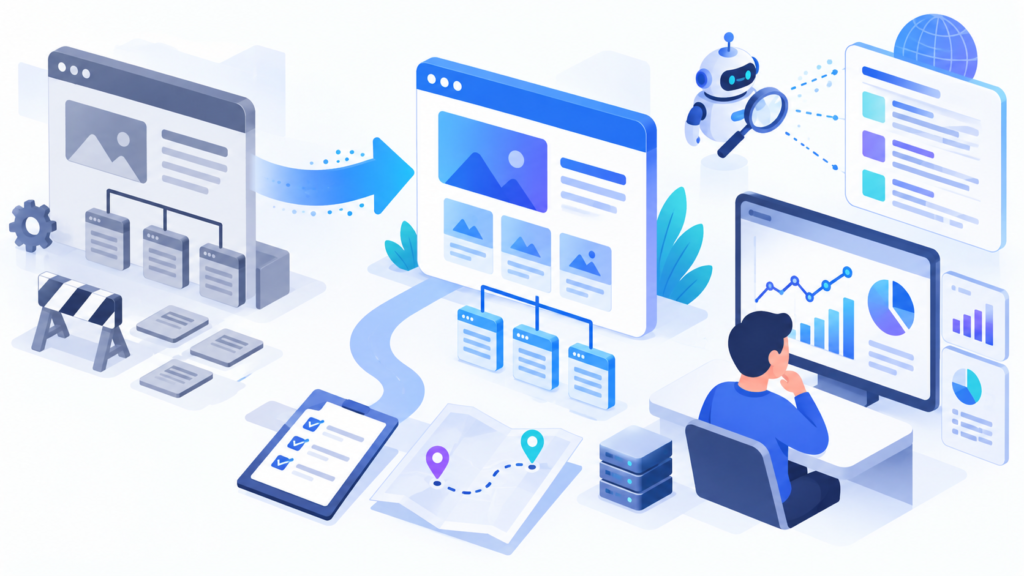Editorial illustration representing SEO site migration