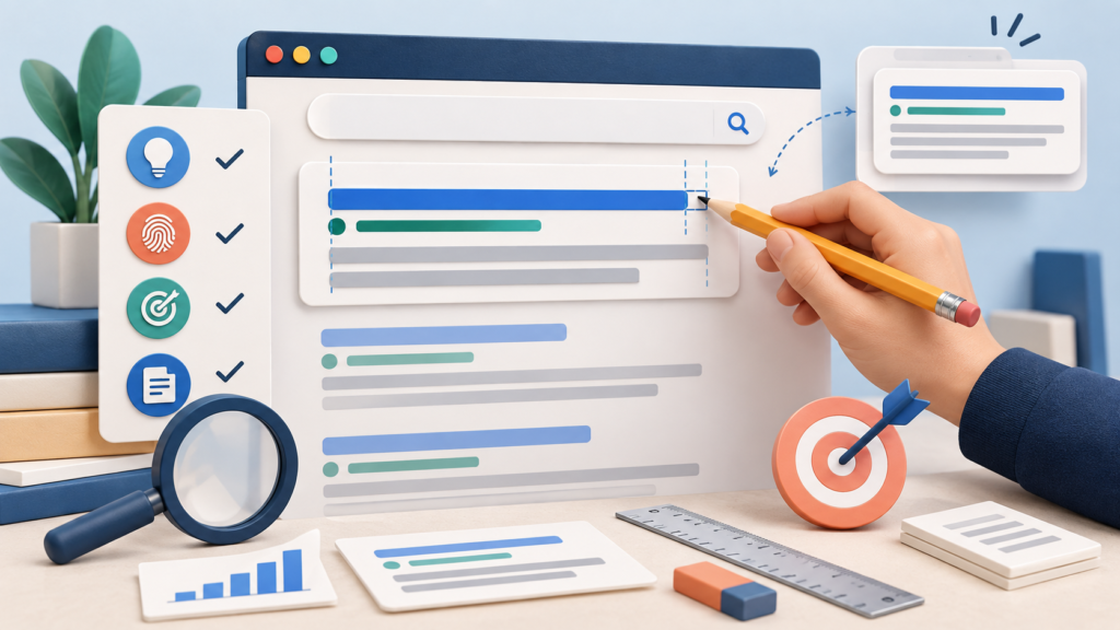 Editor refining a search result title and description for clarity, relevance, and accurate presentation