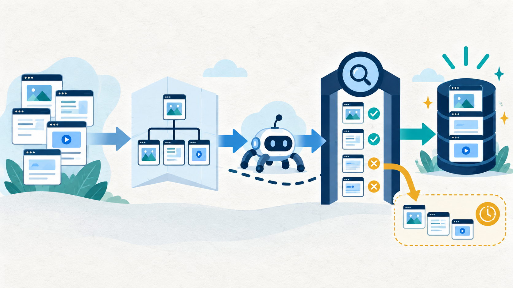 Workflow showing website pages entering a sitemap, being discovered by a crawler, evaluated, and either indexed or held back