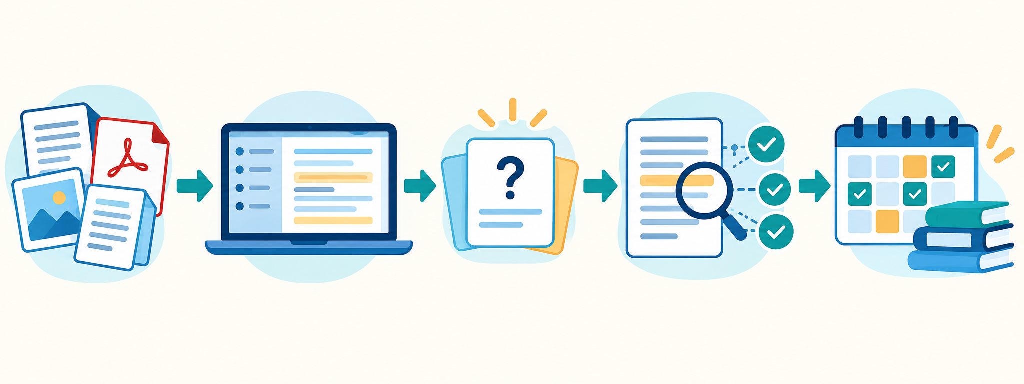 Workflow from source documents to questions, citation checks, and a study plan