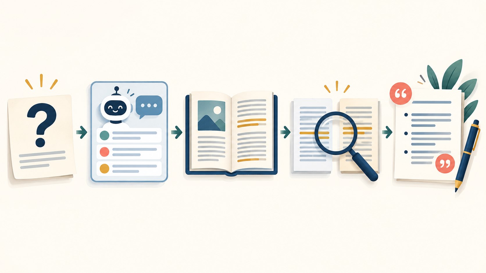 Five-step illustration showing a research question, AI lead, original source, cross-check, and cited student outline