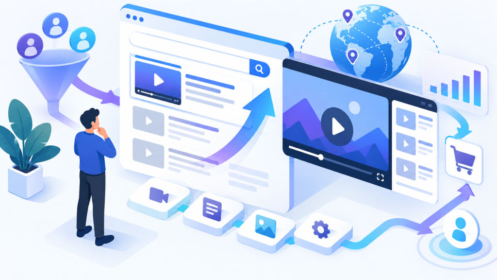 Editorial illustration representing video SEO