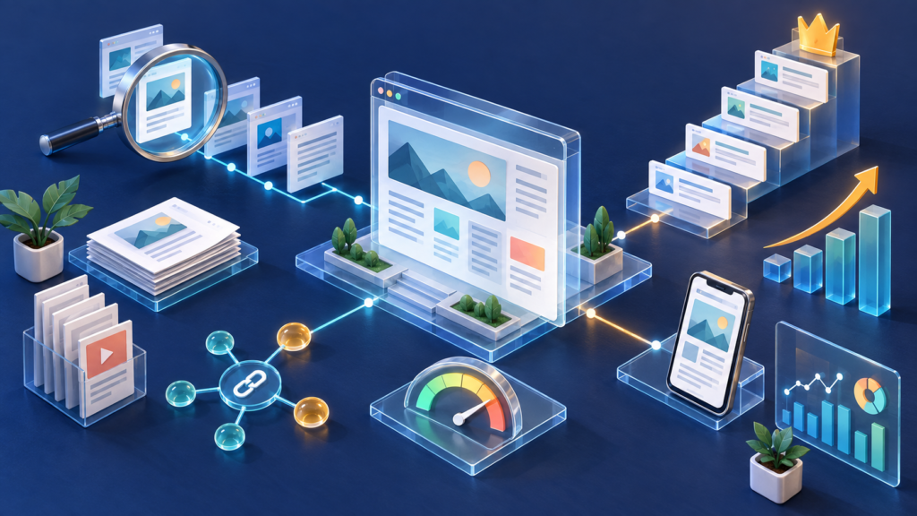 Website connected to search discovery, content, internal links, mobile optimization, speed, rankings, and analytics