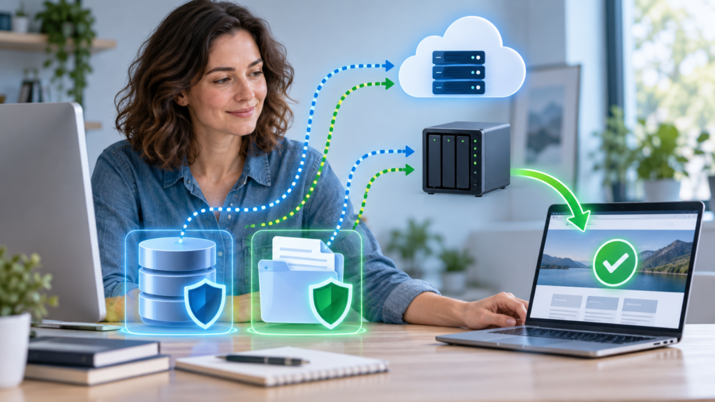 Site owner backing up website files and database and testing a restore