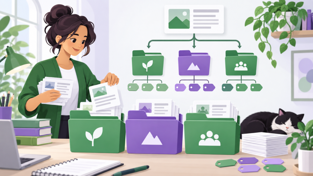Content manager organizing articles into broad categories and specific tags