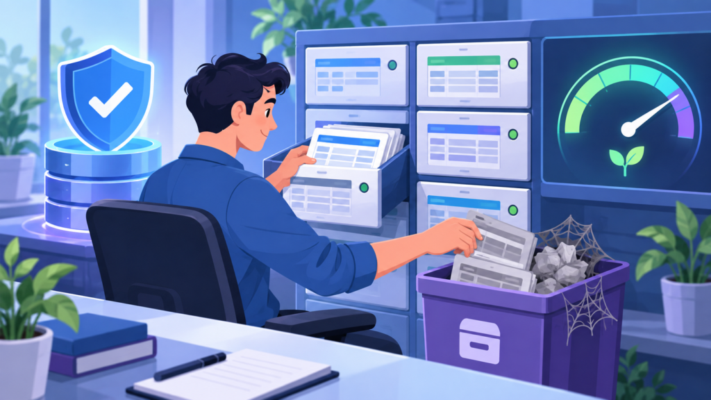 Administrator safely cleaning and organizing a WordPress database after creating a backup