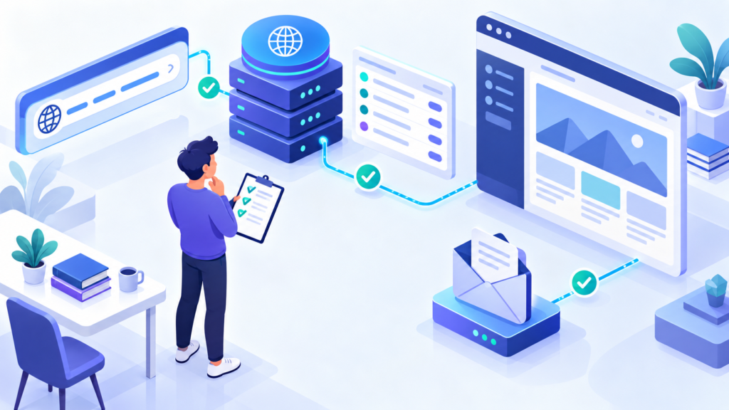 Editorial illustration representing domains and DNS for WordPress